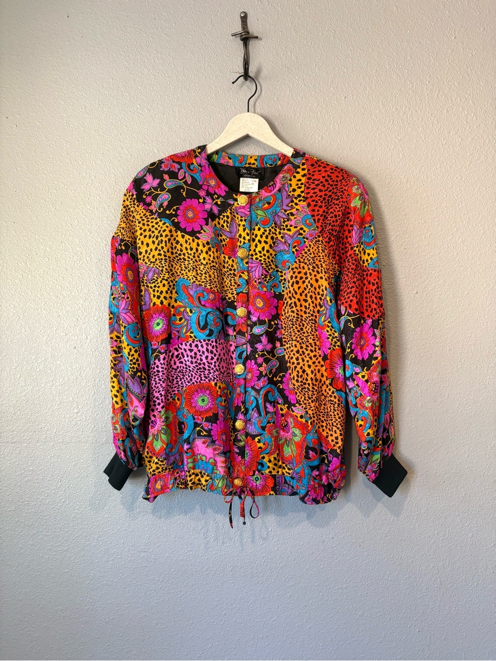 Diane Freis 100% Silk Floral Print Vintage Lightweight Bomber Jacket size Medium